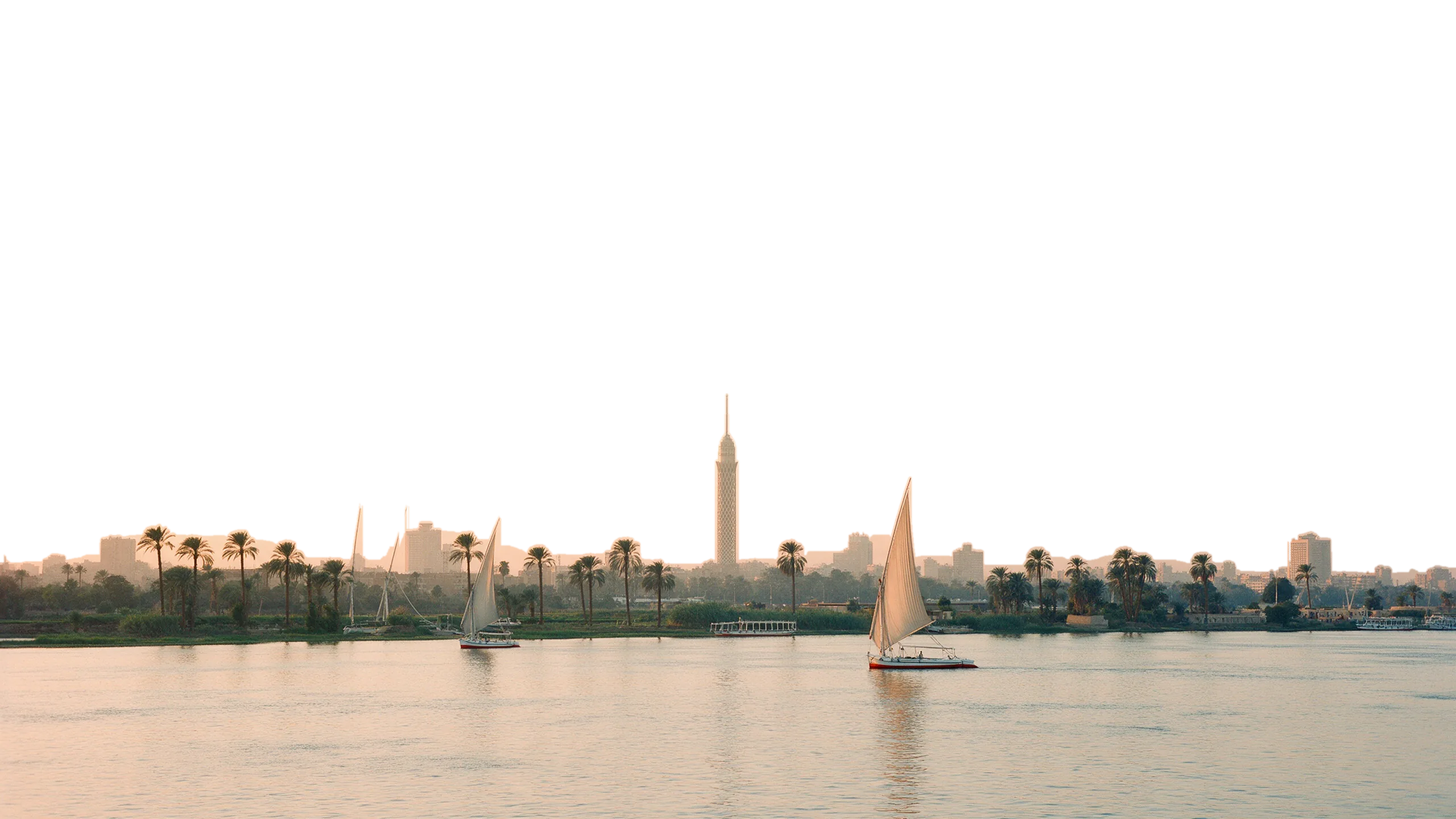 Feluccas on the Nile at Cairo, with the Cairo Tower on the skyline